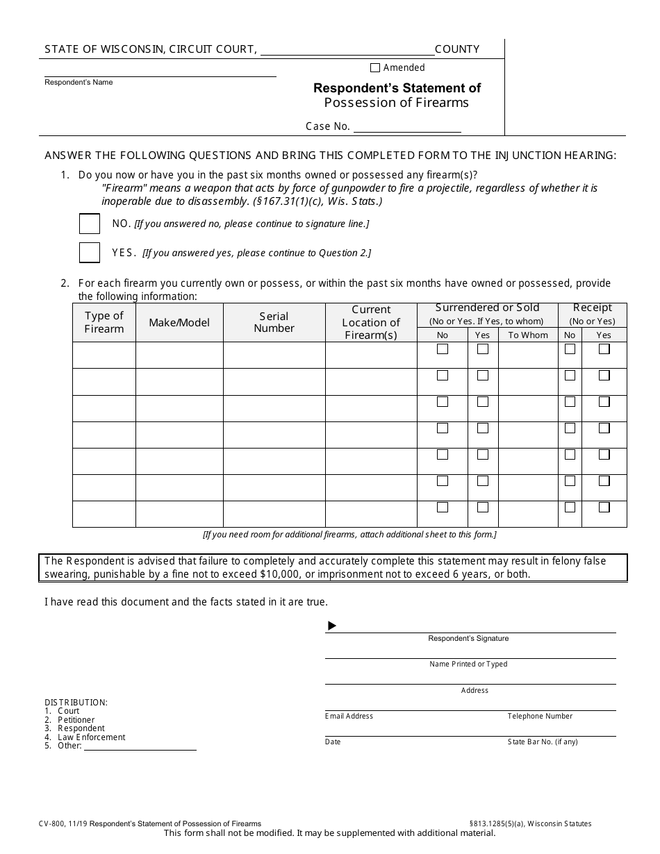 Form CV-800 Respondents Statement of Possession of Firearms - Wisconsin, Page 1