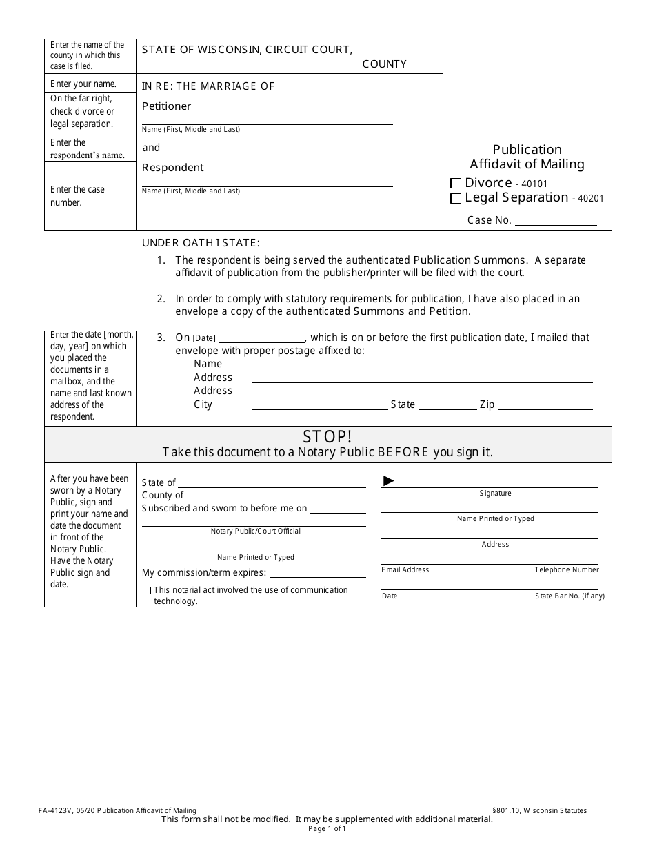 Form FA-4123V Publication Affidavit of Mailing - Wisconsin, Page 1