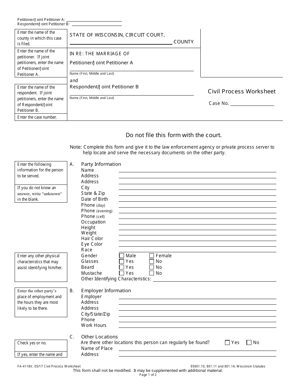 Form FA-4118V Civil Process Worksheet - Wisconsin, Page 1