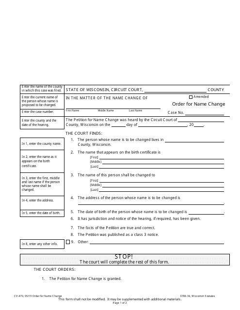 Form CV-470 Order for Name Change - Wisconsin
