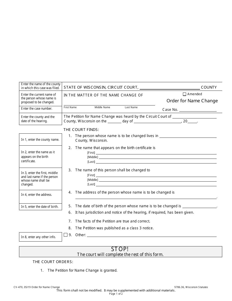 Form CV-470 Order for Name Change - Wisconsin, Page 1