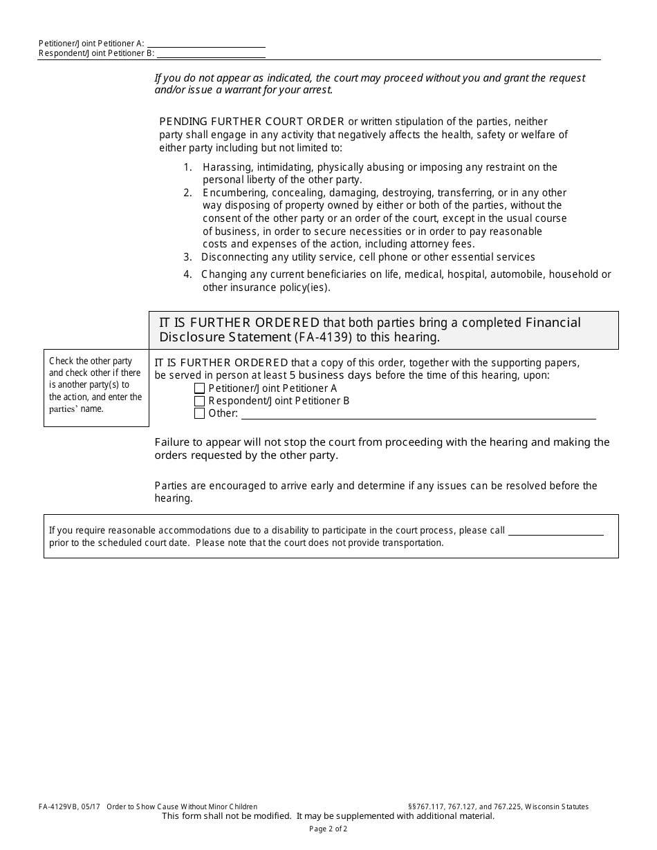 Form FA-4129VB Order to Show Cause Without Minor Children - Wisconsin, Page 2