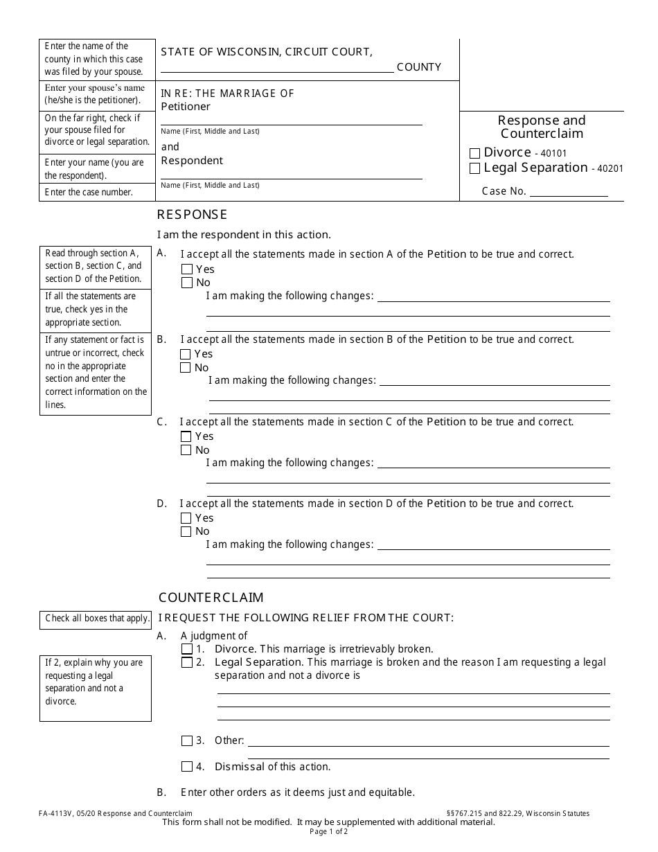 Form FA-4113V Response and Counterclaim - Wisconsin, Page 1