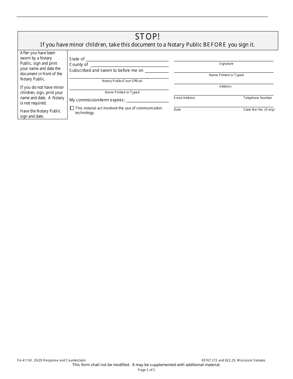 Form FA-4113V Response and Counterclaim - Wisconsin, Page 2