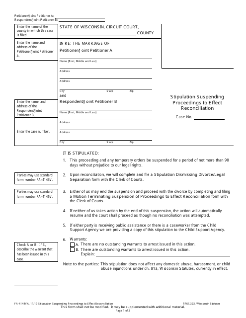 Form FA-4144VA Stipulation Suspending Proceedings to Effect Reconciliation - Wisconsin