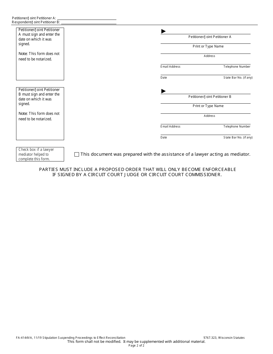 Form FA-4144VA Stipulation Suspending Proceedings to Effect Reconciliation - Wisconsin, Page 2
