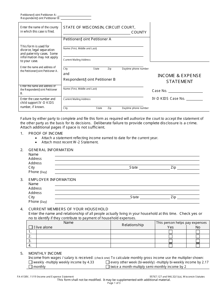 Form FA-4138V Income  Expense Statement - Wisconsin, Page 1