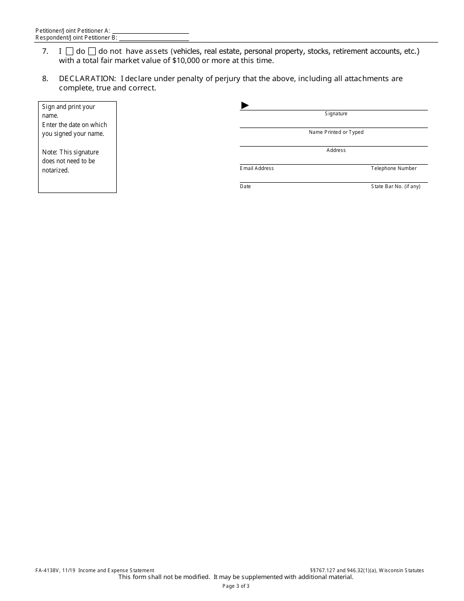 Form FA-4138V Income  Expense Statement - Wisconsin, Page 3