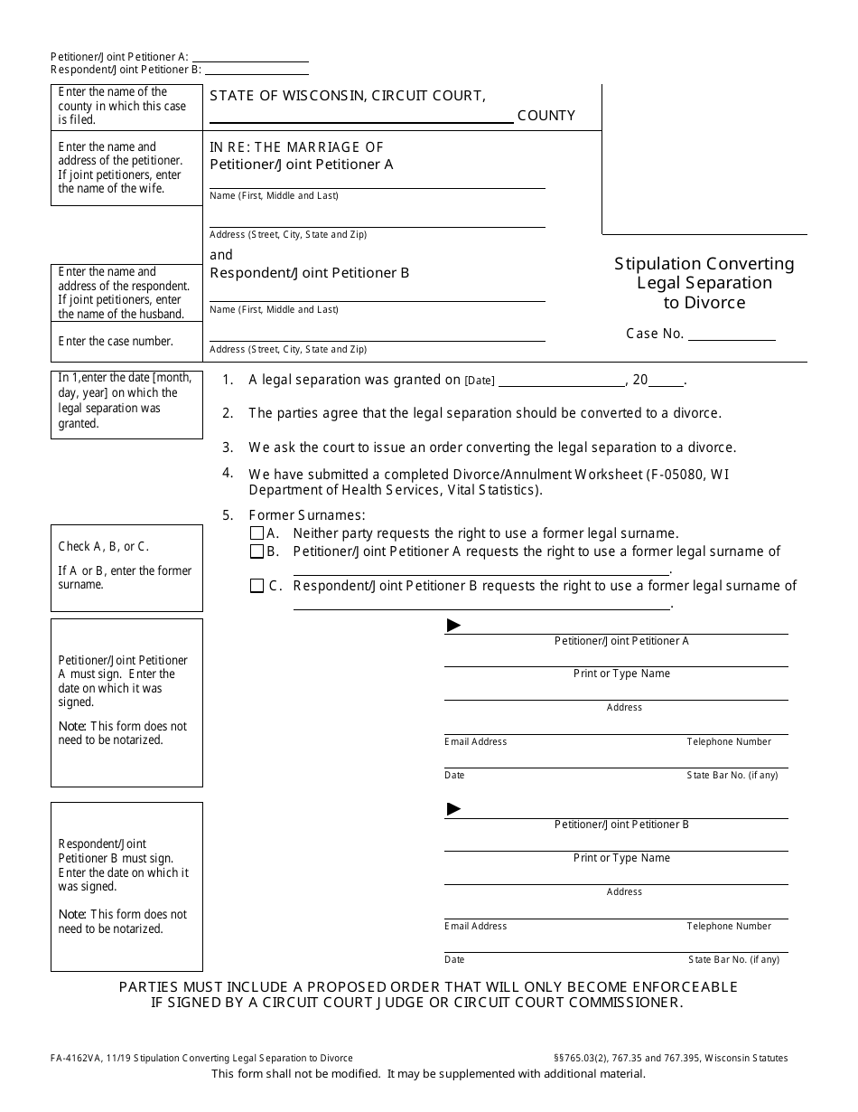 Form FA-4162VA Stipulation Converting Legal Separation to Divorce - Wisconsin, Page 1
