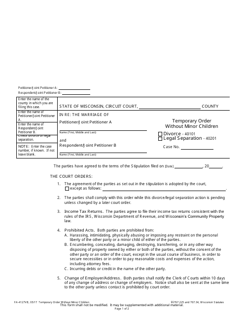 Form FA-4127VB Temporary Order Without Minor Children - Wisconsin
