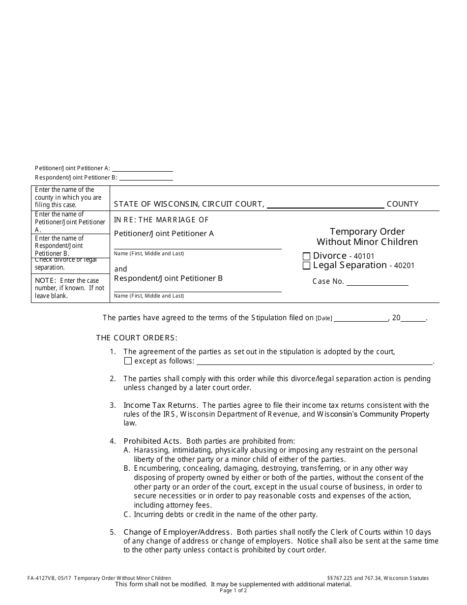 Form FA-4127VB Temporary Order Without Minor Children - Wisconsin, Page 1