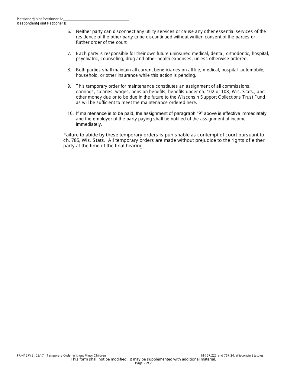 Form FA-4127VB Temporary Order Without Minor Children - Wisconsin, Page 2