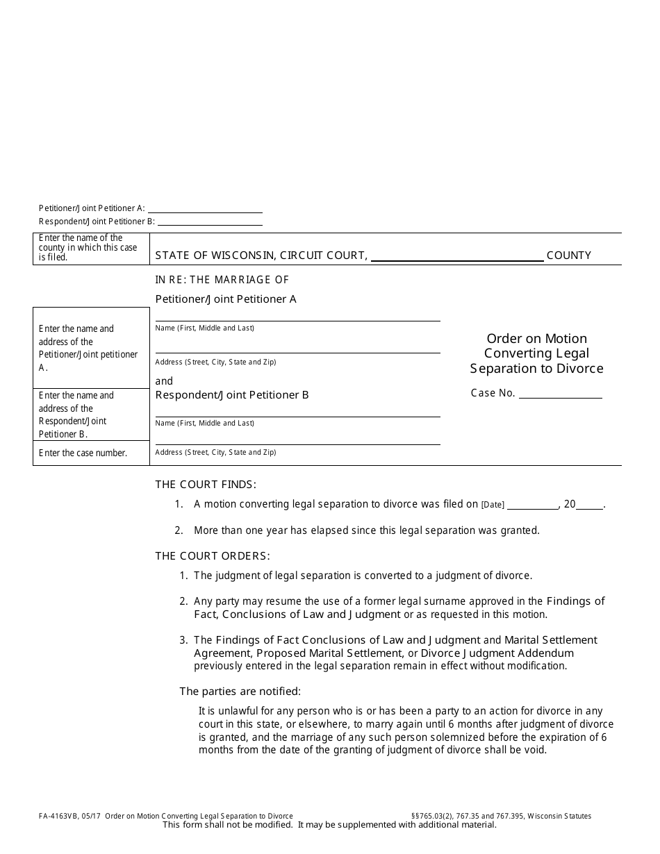 Form FA-4163VB Order on Motion Converting Legal Separation to Divorce - Wisconsin, Page 1
