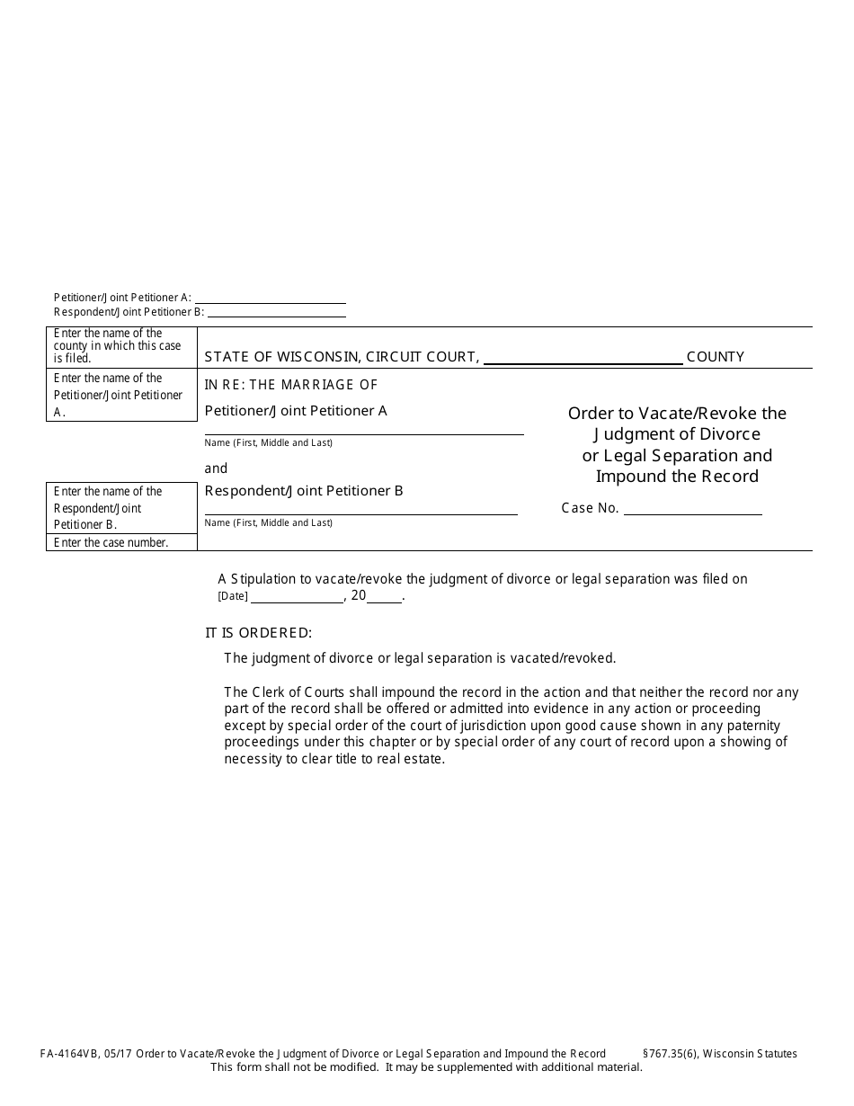 Form FA-4164VB Order to Vacate / Revoke the Judgment of Divorce or Legal Separation and Impound the Record - Wisconsin, Page 1