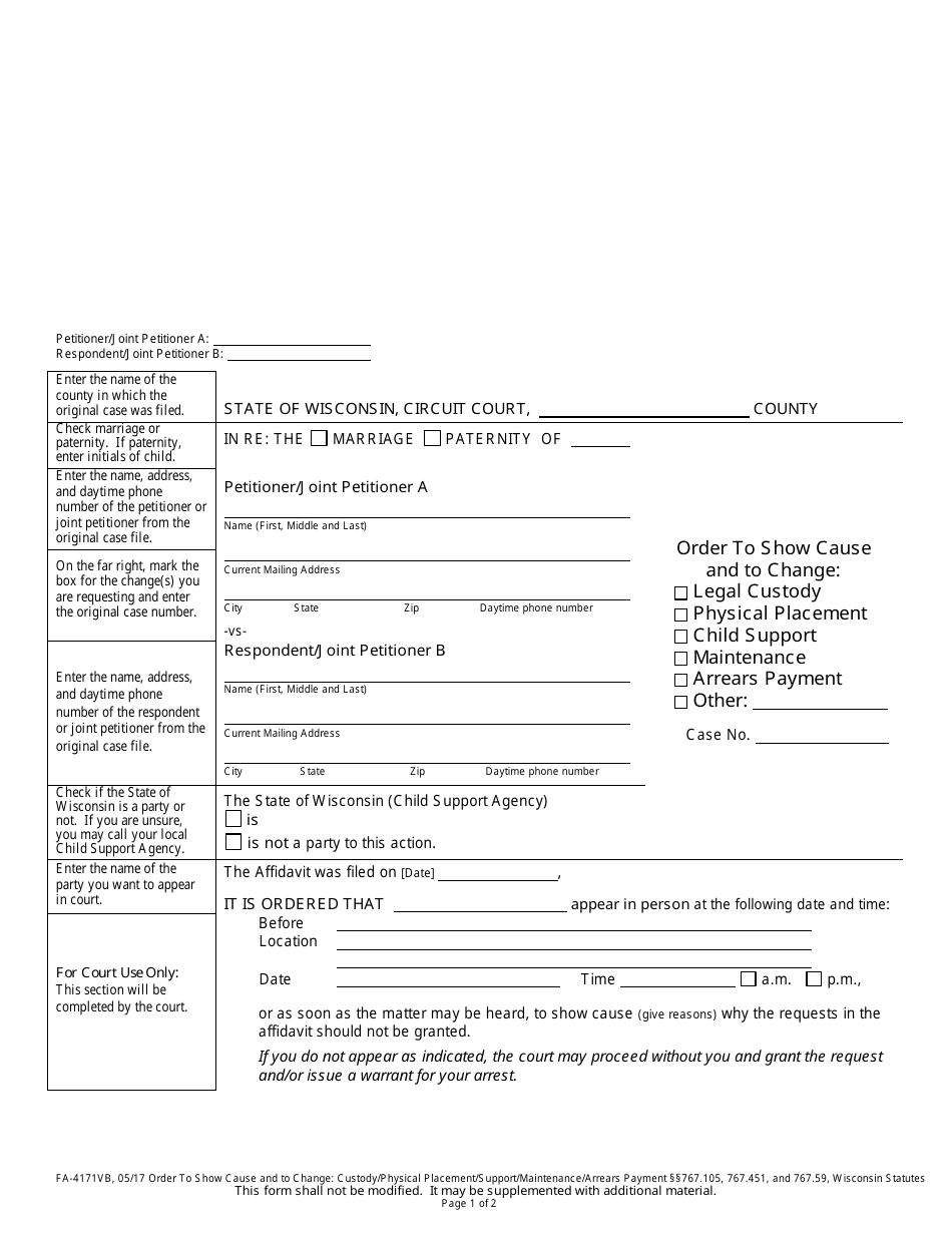 Form FA-4171VB Order to Show Cause and to Change: Custody / Physical Placement / Support / Maintenance / Arrears Payment - Wisconsin, Page 1