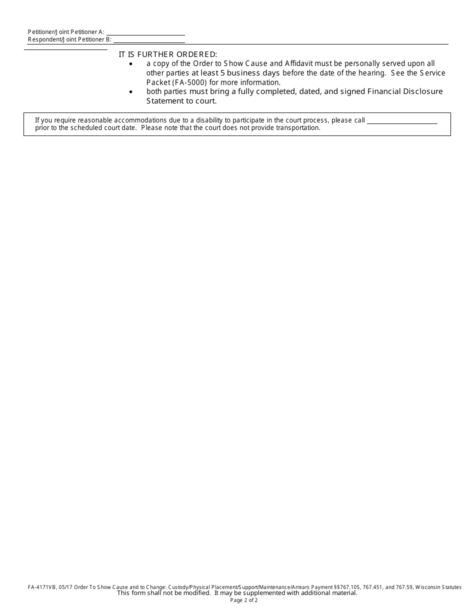 Form FA-4171VB Order to Show Cause and to Change: Custody / Physical Placement / Support / Maintenance / Arrears Payment - Wisconsin, Page 2