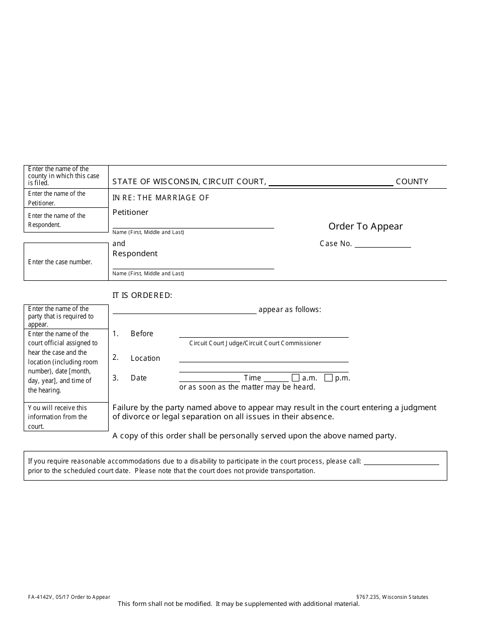 Form FA-4142V Order to Appear - Wisconsin, Page 1