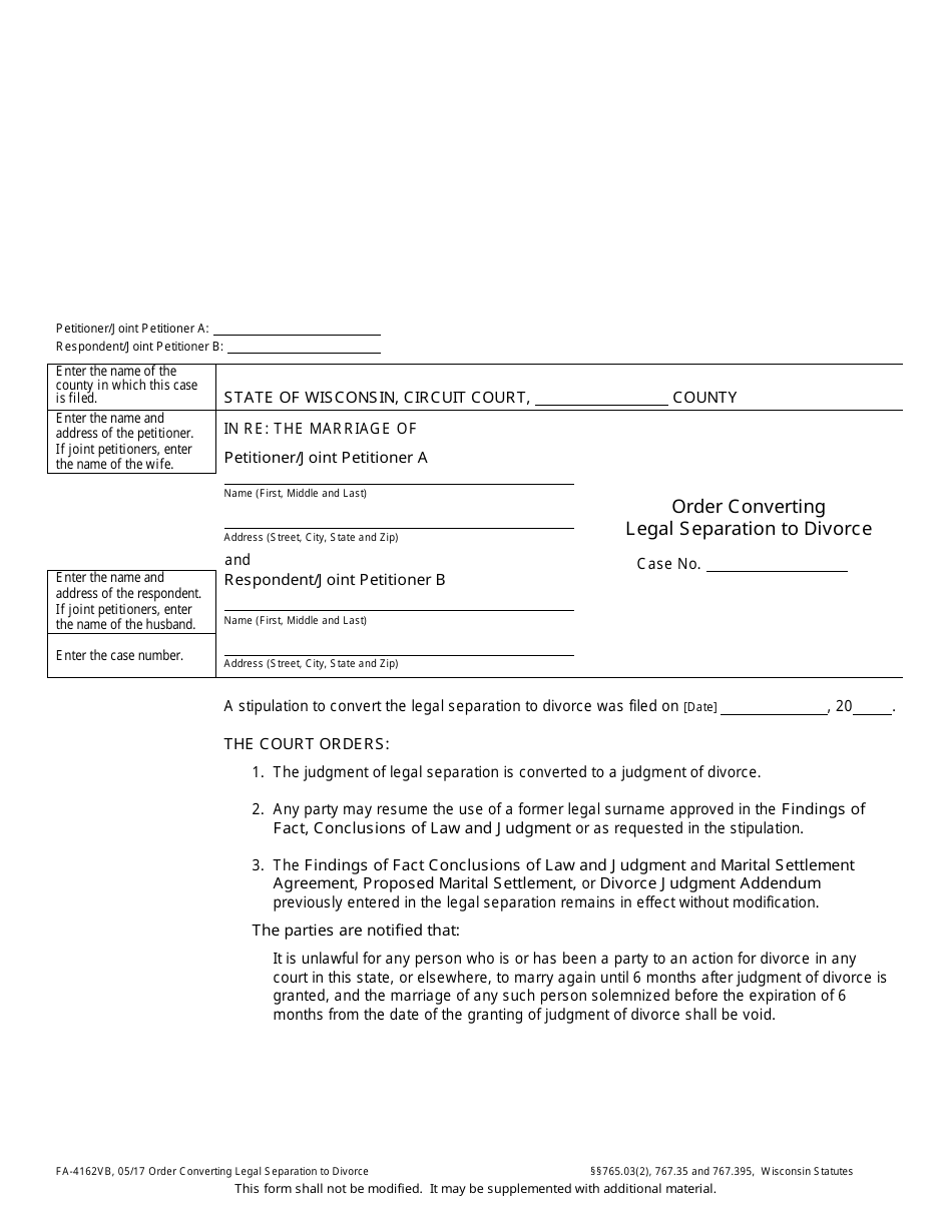 Form FA-4162VB Order Converting Legal Separation to Divorce - Wisconsin, Page 1