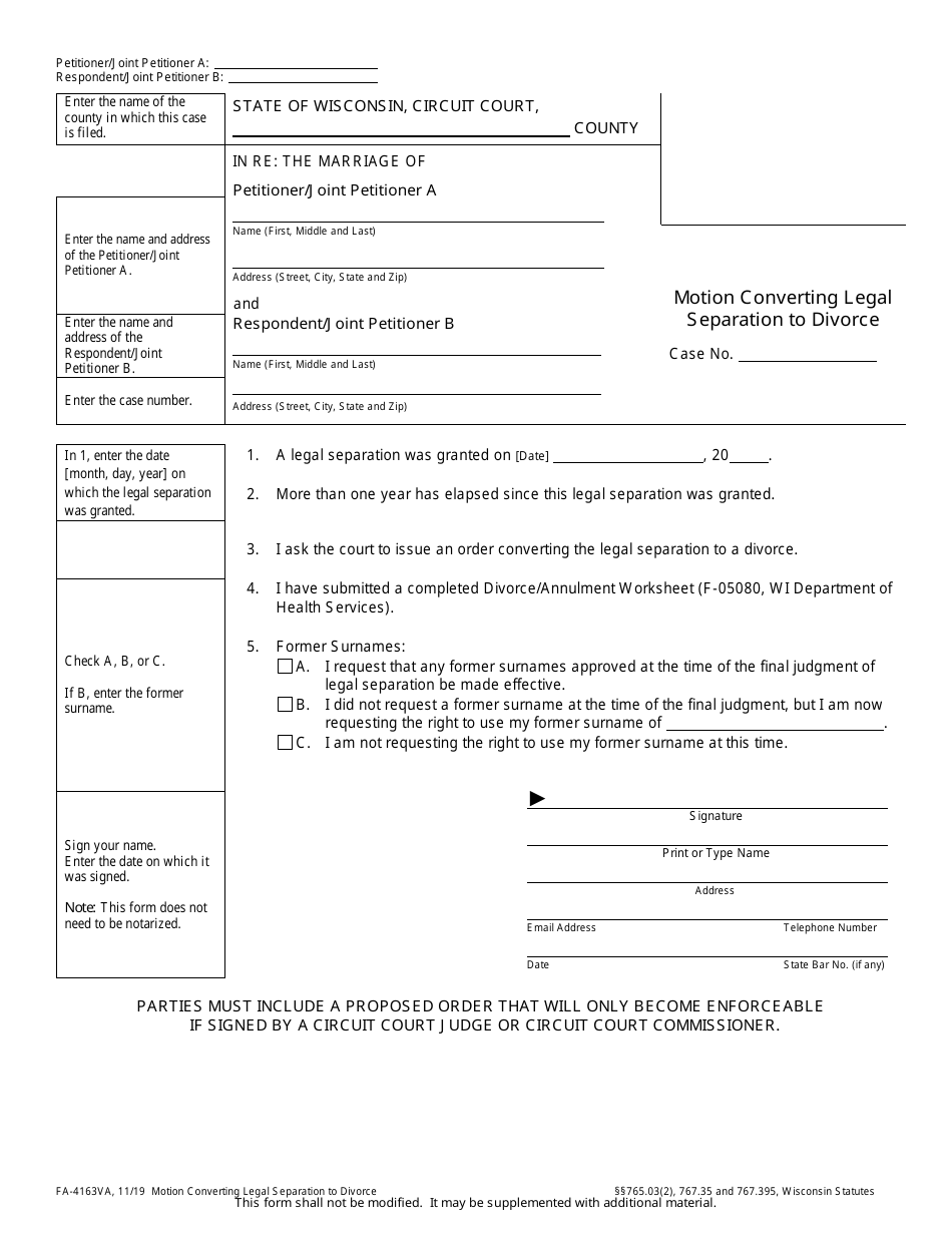Form FA-4163VA Motion Converting Legal Separation to Divorce - Wisconsin, Page 1