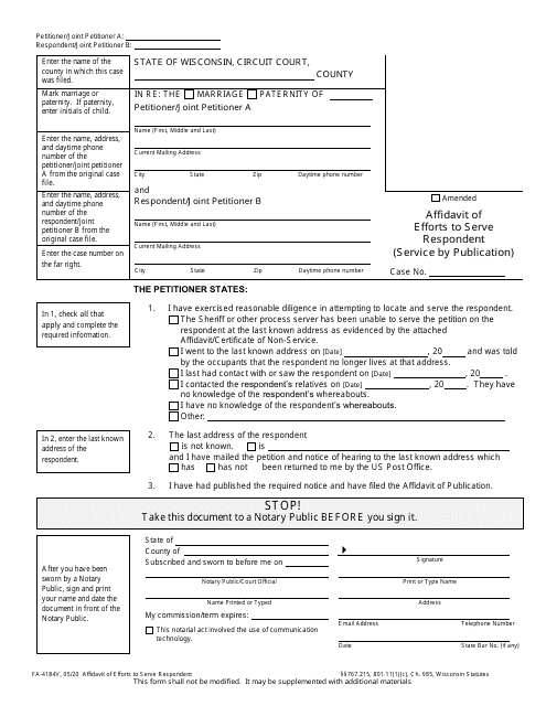 Form FA-4184V Affidavit of Efforts to Serve Respondent (Service by Publication) - Wisconsin
