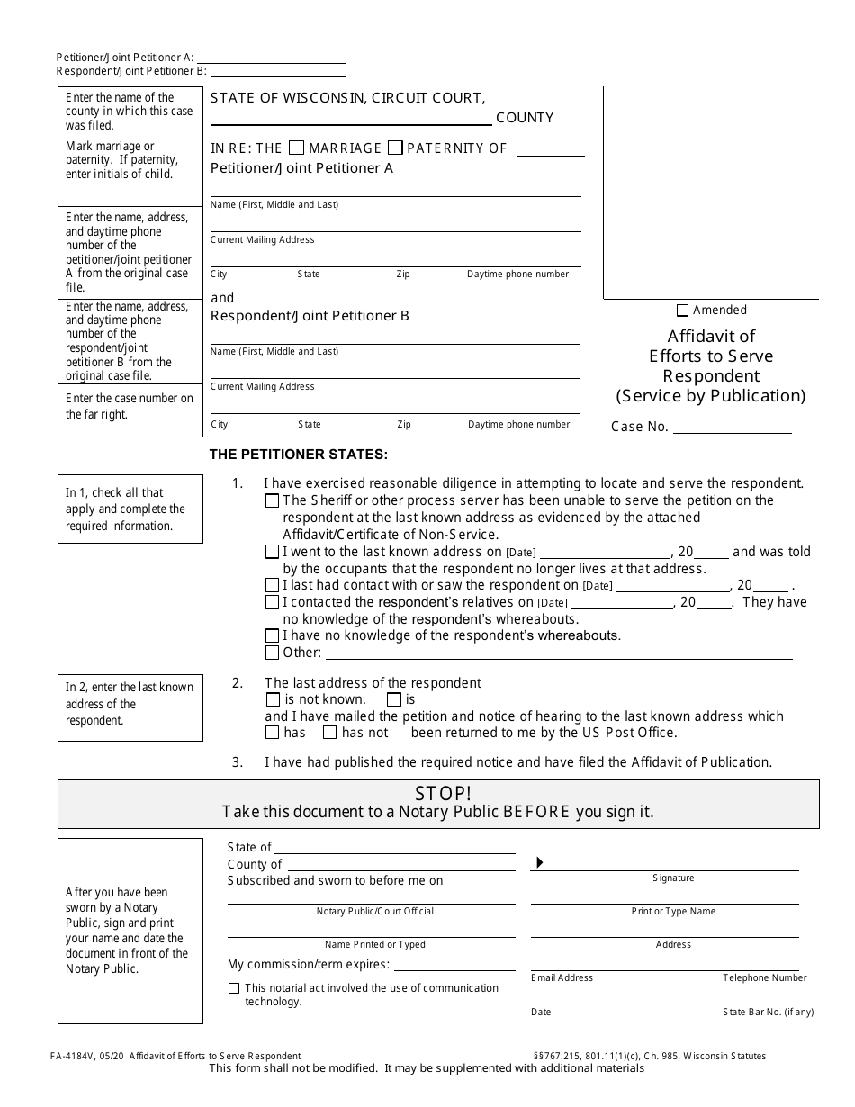 Form FA-4184V Affidavit of Efforts to Serve Respondent (Service by Publication) - Wisconsin, Page 1