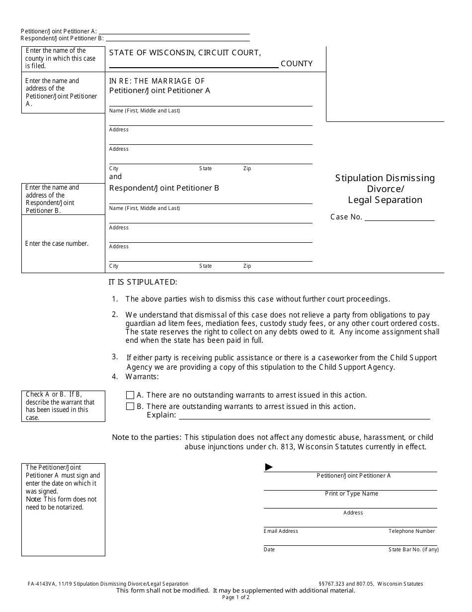Form FA-4143VA Stipulation Dismissing Divorce / Legal Separation - Wisconsin, Page 1