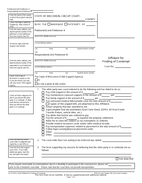 Form FA-4172VA Affidavit for Finding of Contempt - Wisconsin
