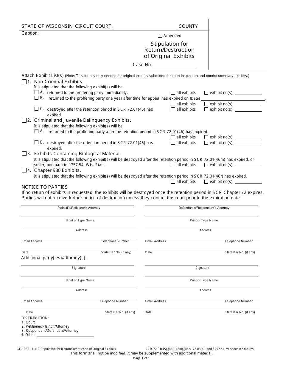 Form GF-103A Stipulation for Return / Destruction of Original Exhibits - Wisconsin, Page 1