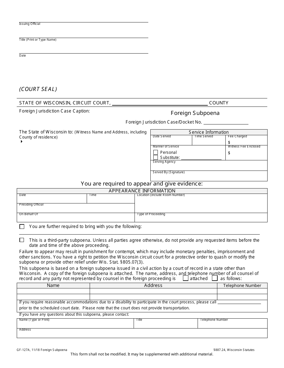 Form GF-127A Foreign Subpoena - Wisconsin, Page 1