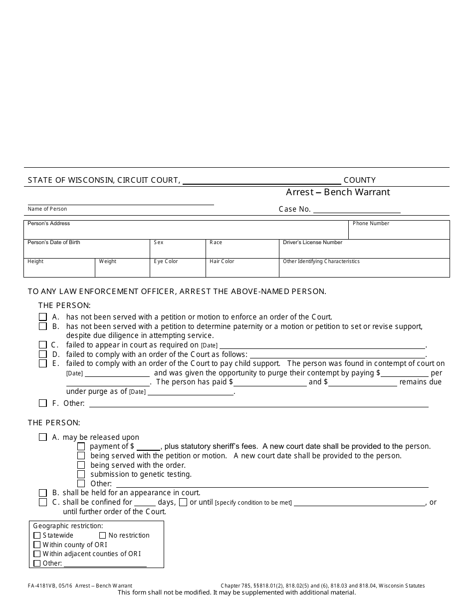 Form FA-4181VB Arrest - Bench Warrant - Wisconsin, Page 1