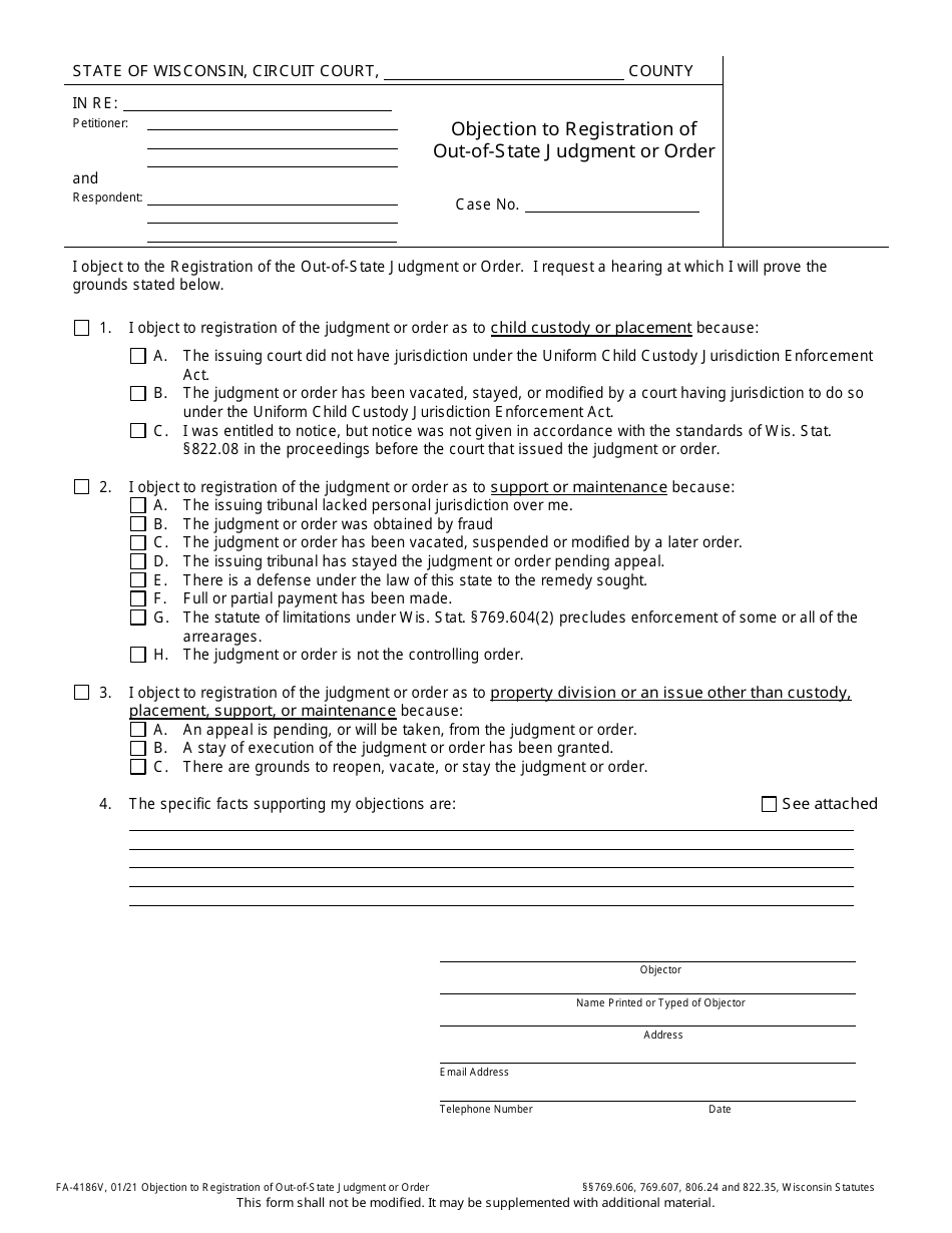 Form FA-4186V Objection to Registration of Out-of-State Judgment or Order - Wisconsin, Page 1
