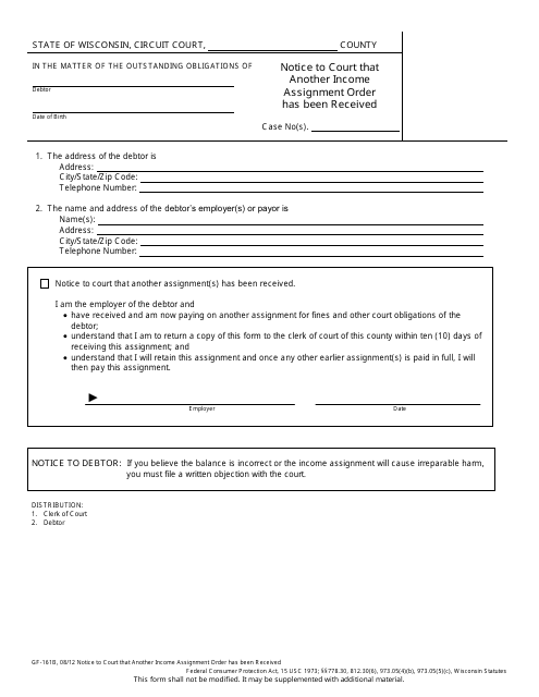 Form GF-161B Notice to Court That Another Income Assignment Order Has Been Received - Wisconsin