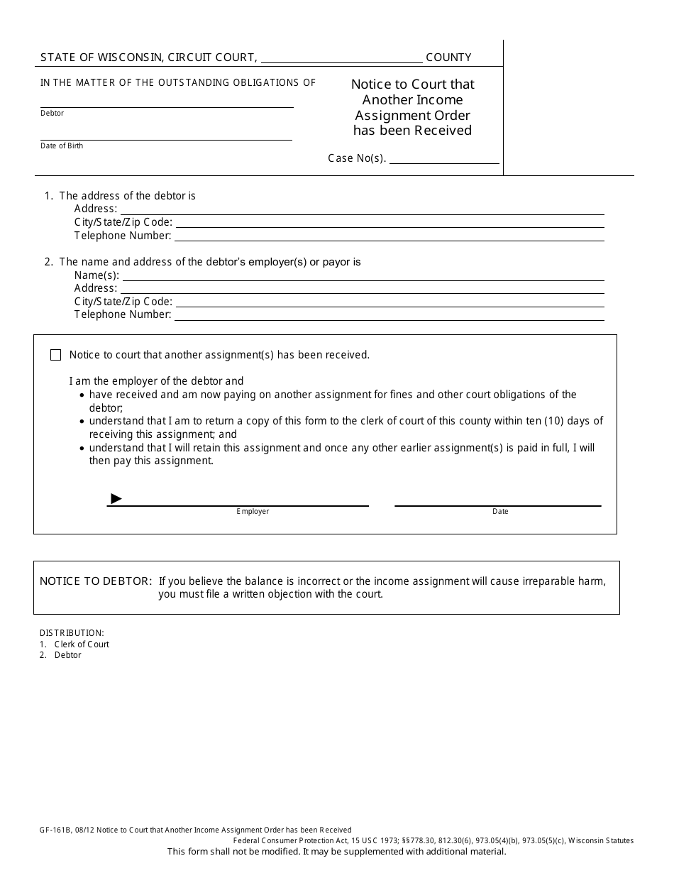 Form GF-161B Notice to Court That Another Income Assignment Order Has Been Received - Wisconsin, Page 1