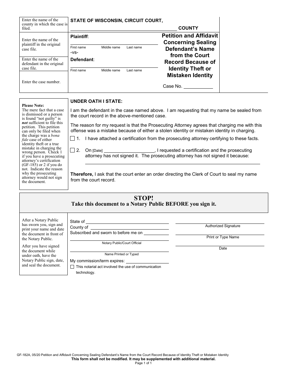 Form GF-182A Petition and Affidavit Concerning Sealing Defendants Name From the Court Record Because of Identity Theft or Mistaken Identity - Wisconsin, Page 1