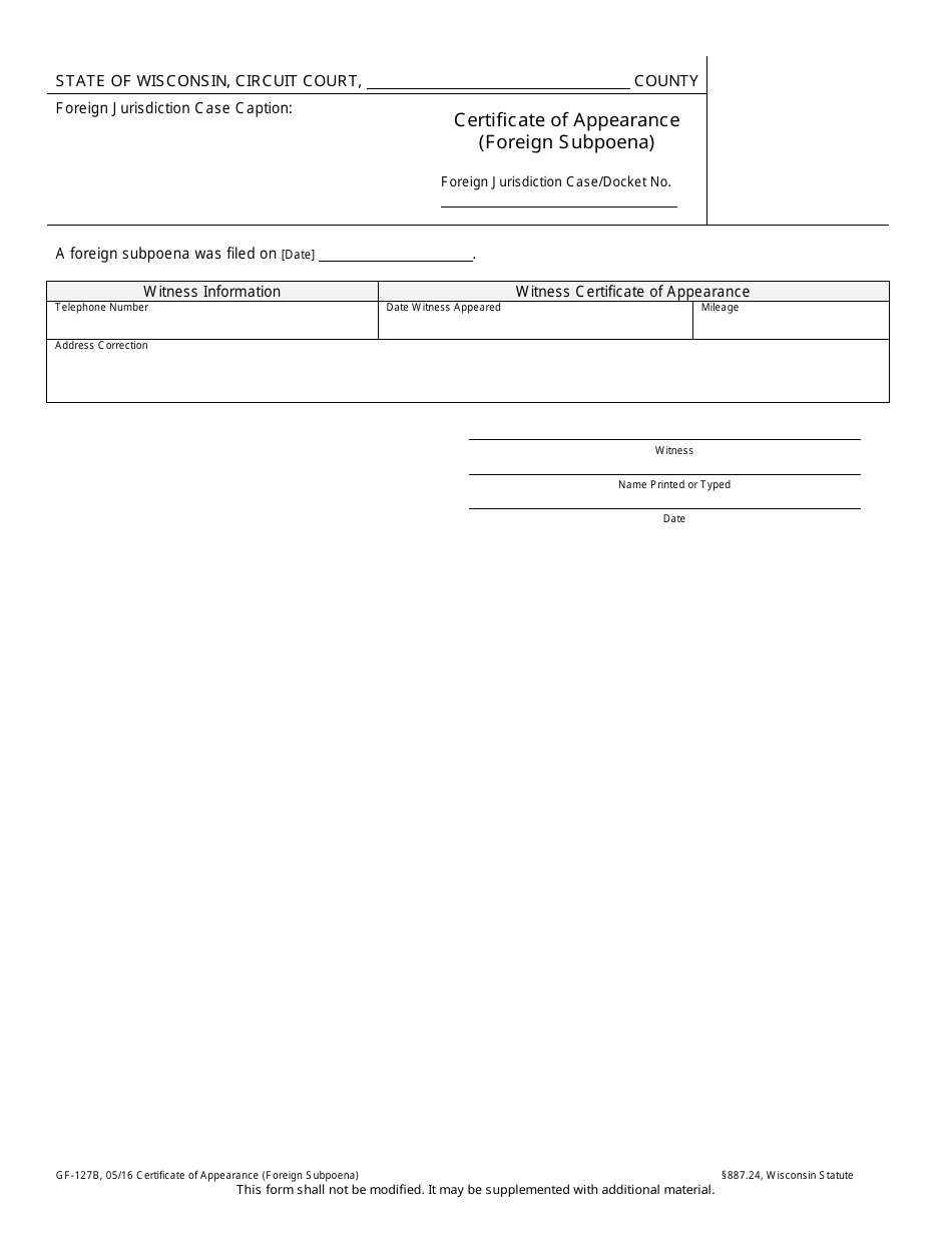 Form GF-127B Certificate of Appearance (Foreign Subpoena) - Wisconsin, Page 1