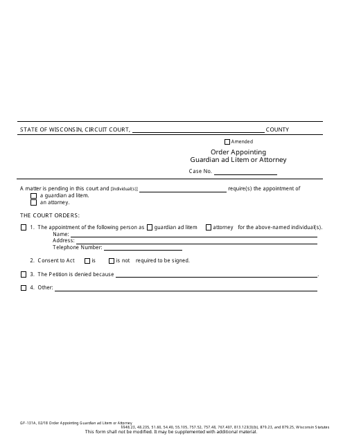 Form GF-131A Order Appointing Guardian Ad Litem or Attorney - Wisconsin
