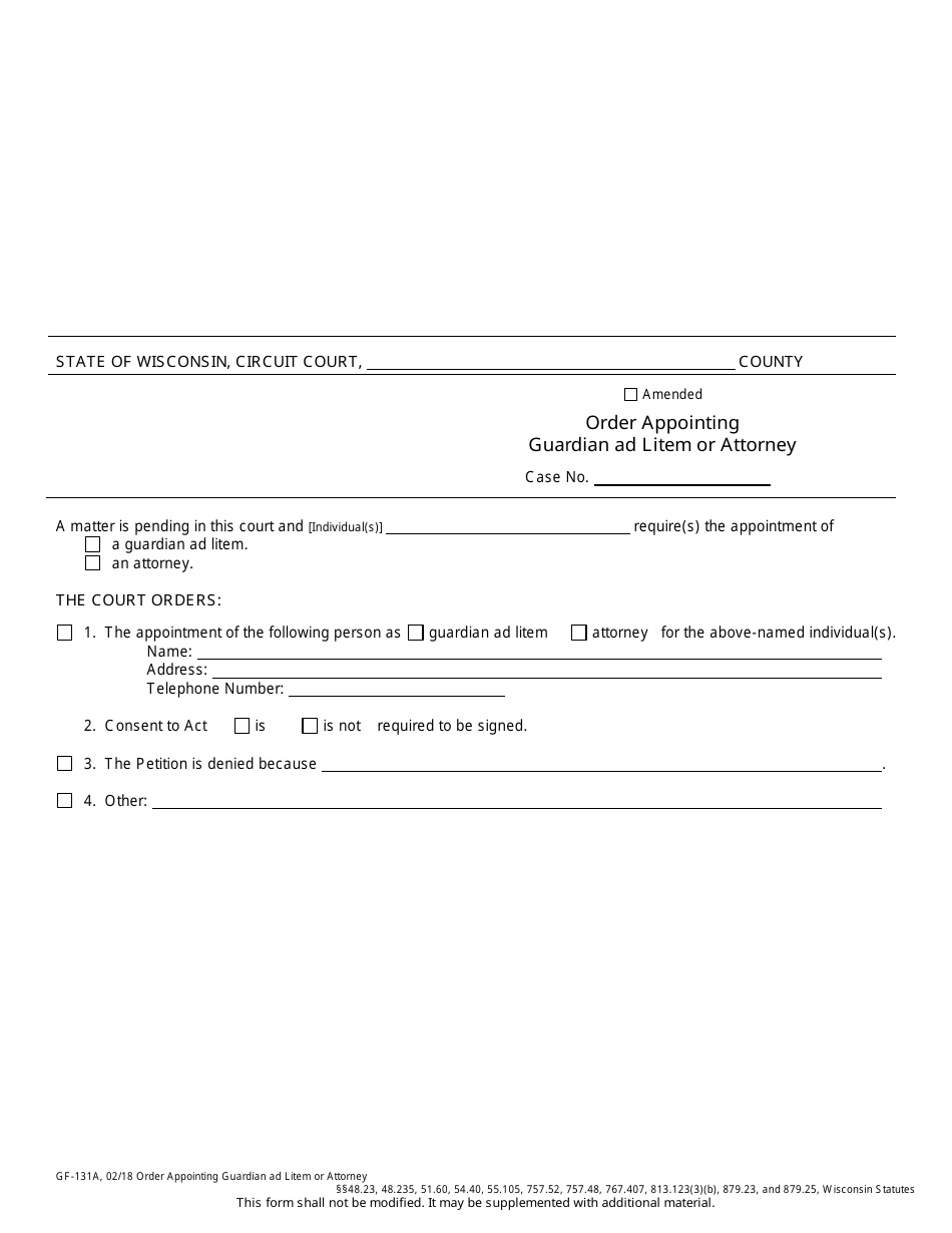 Form GF-131A Order Appointing Guardian Ad Litem or Attorney - Wisconsin, Page 1