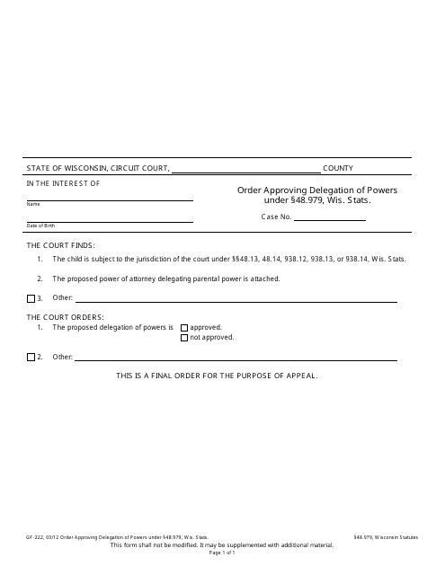 Form GF-222 Order Approving Delegation of Powers Under Section 48.979, Wis. Stats. - Wisconsin