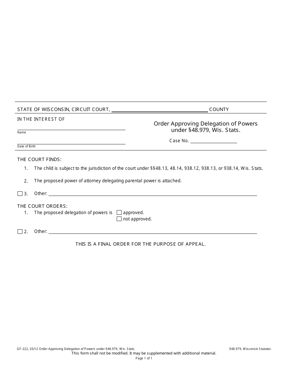 Form GF-222 Order Approving Delegation of Powers Under Section 48.979, Wis. Stats. - Wisconsin, Page 1