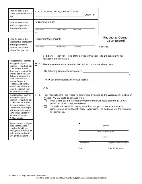 Form GF-184A Request to Correct Court Record - Wisconsin