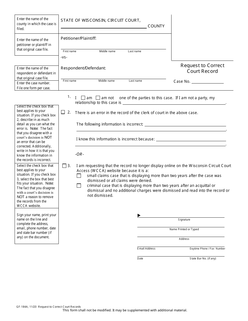 Form GF-184A Request to Correct Court Record - Wisconsin, Page 1