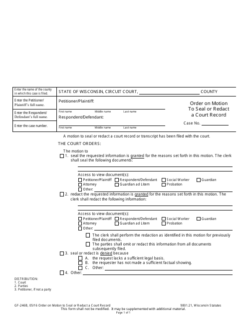 Form GF-246B Order on Motion to Seal or Redact a Court Record - Wisconsin