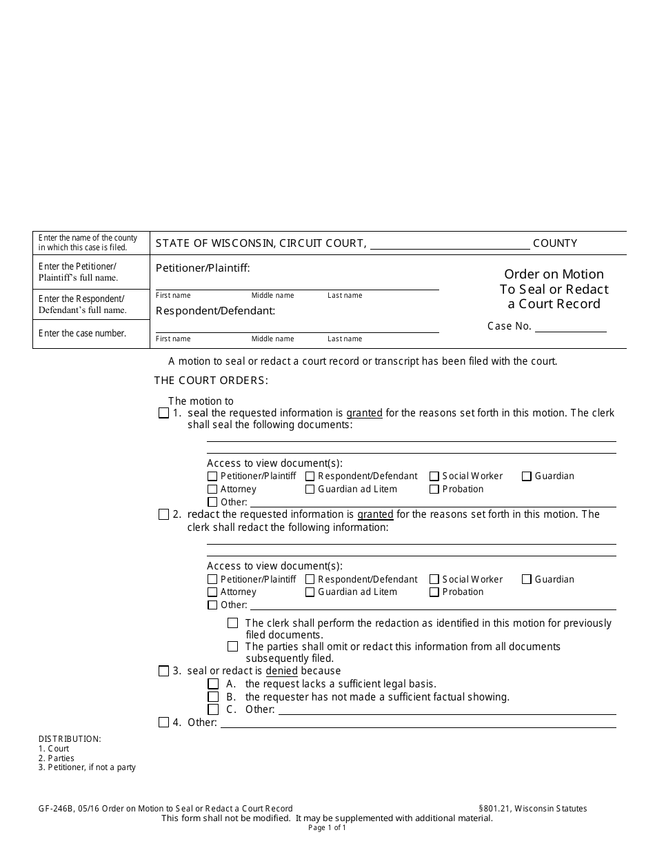 Form GF-246B Order on Motion to Seal or Redact a Court Record - Wisconsin, Page 1