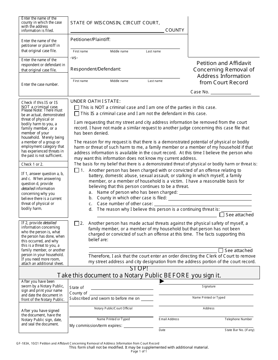 Form GF-183A Petition and Affidavit Concerning Removal of Address Information From Court Record - Wisconsin, Page 1