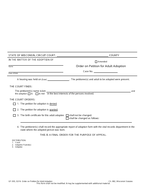 Form GF-303 Order on Petition for Adult Adoption - Wisconsin