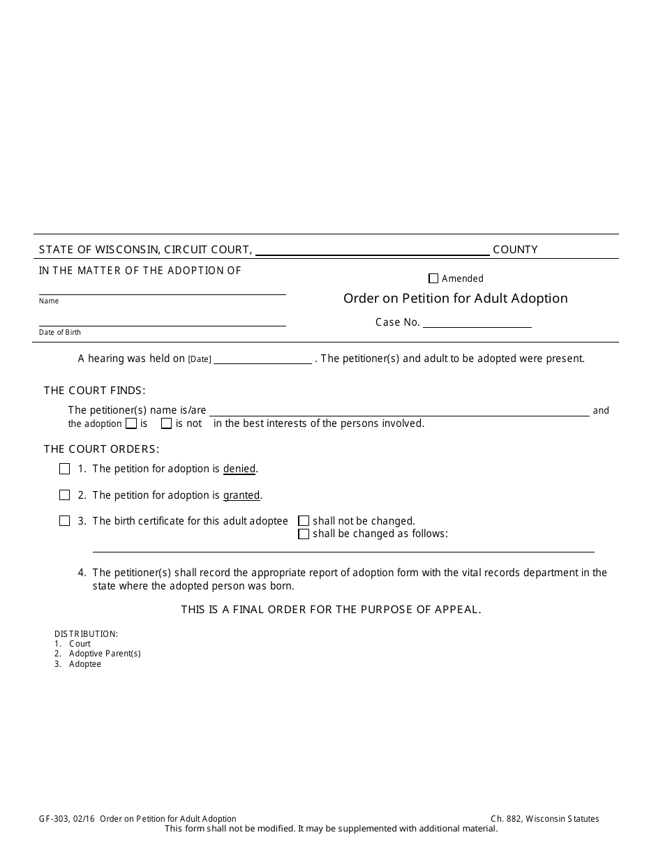 Form GF-303 Order on Petition for Adult Adoption - Wisconsin, Page 1