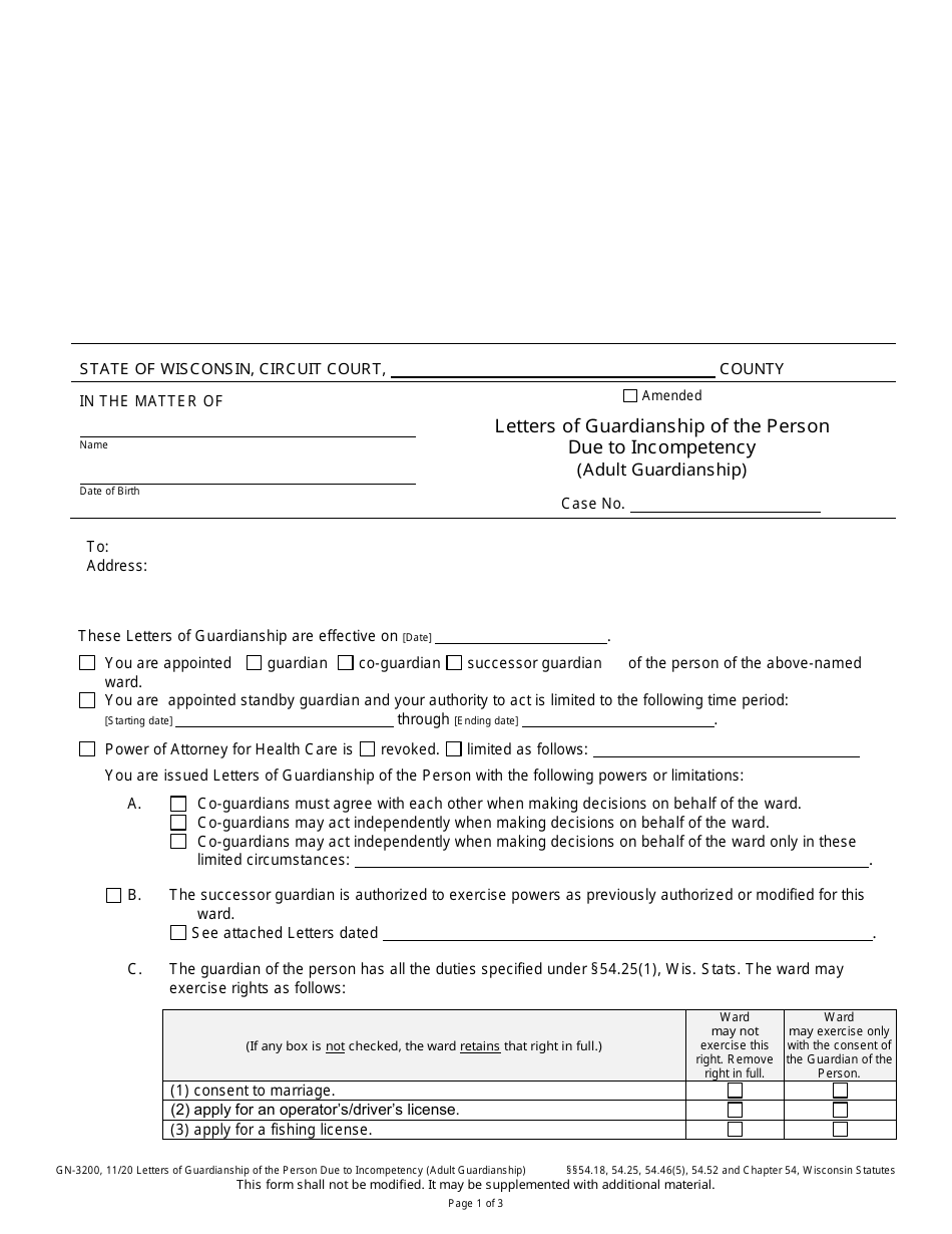 Form GN-3200 Letters of Guardianship of the Person Due to Incompetency (Adult Guardianship) - Wisconsin, Page 1