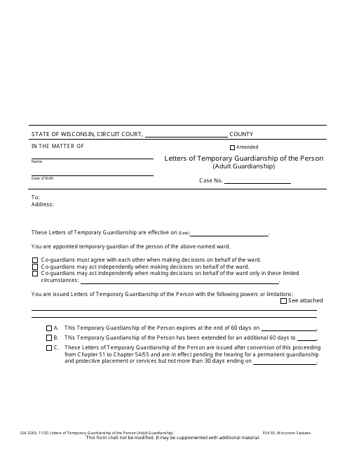 Form GN-3260 Letters of Temporary Guardianship of the Person (Adult Guardianship) - Wisconsin