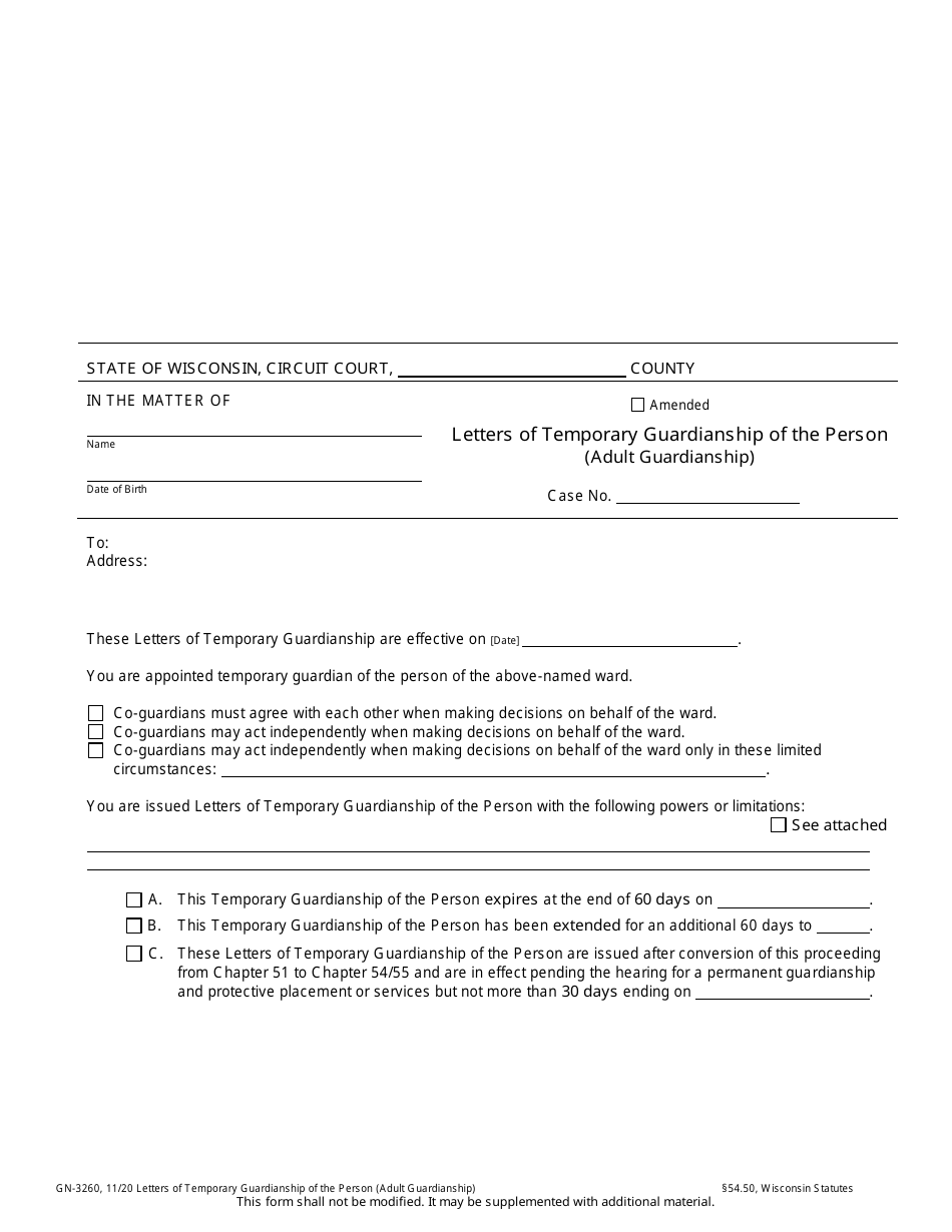 Form GN-3260 Letters of Temporary Guardianship of the Person (Adult Guardianship) - Wisconsin, Page 1