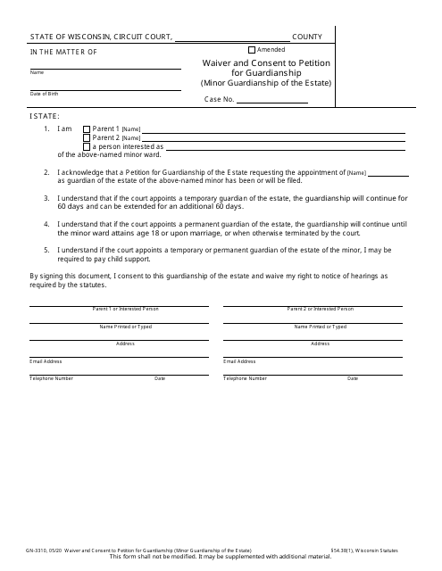 Form GN-3310 Waiver and Consent to Petition for Guardianship (Minor Guardianship of the Estate) - Wisconsin